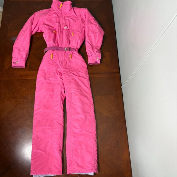 Vintage 80s SOS Neon Pink Ski Snowsuit Womens Size 36 Belted One Piece Suit - Picture 1 of 12